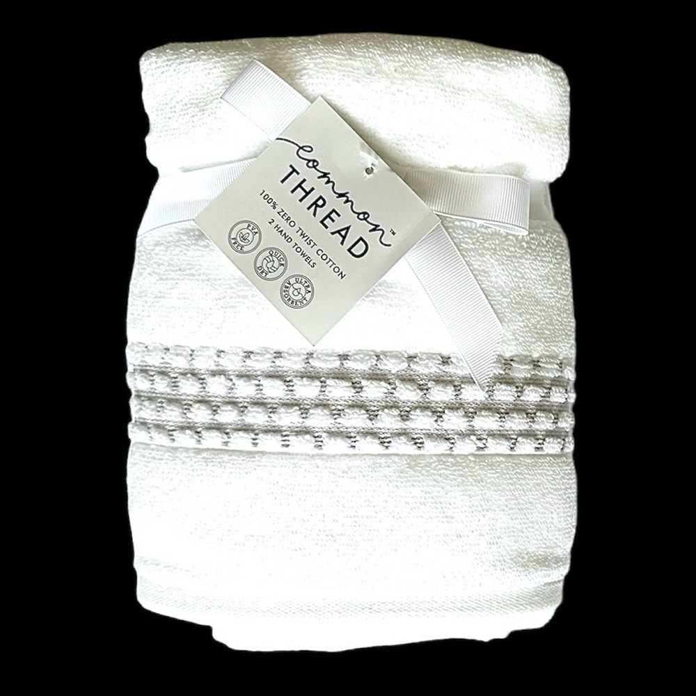 Common Thread 2 Pc Hand Towels Set 100% Zero Twist Cotton White W/ Gray So SOFT